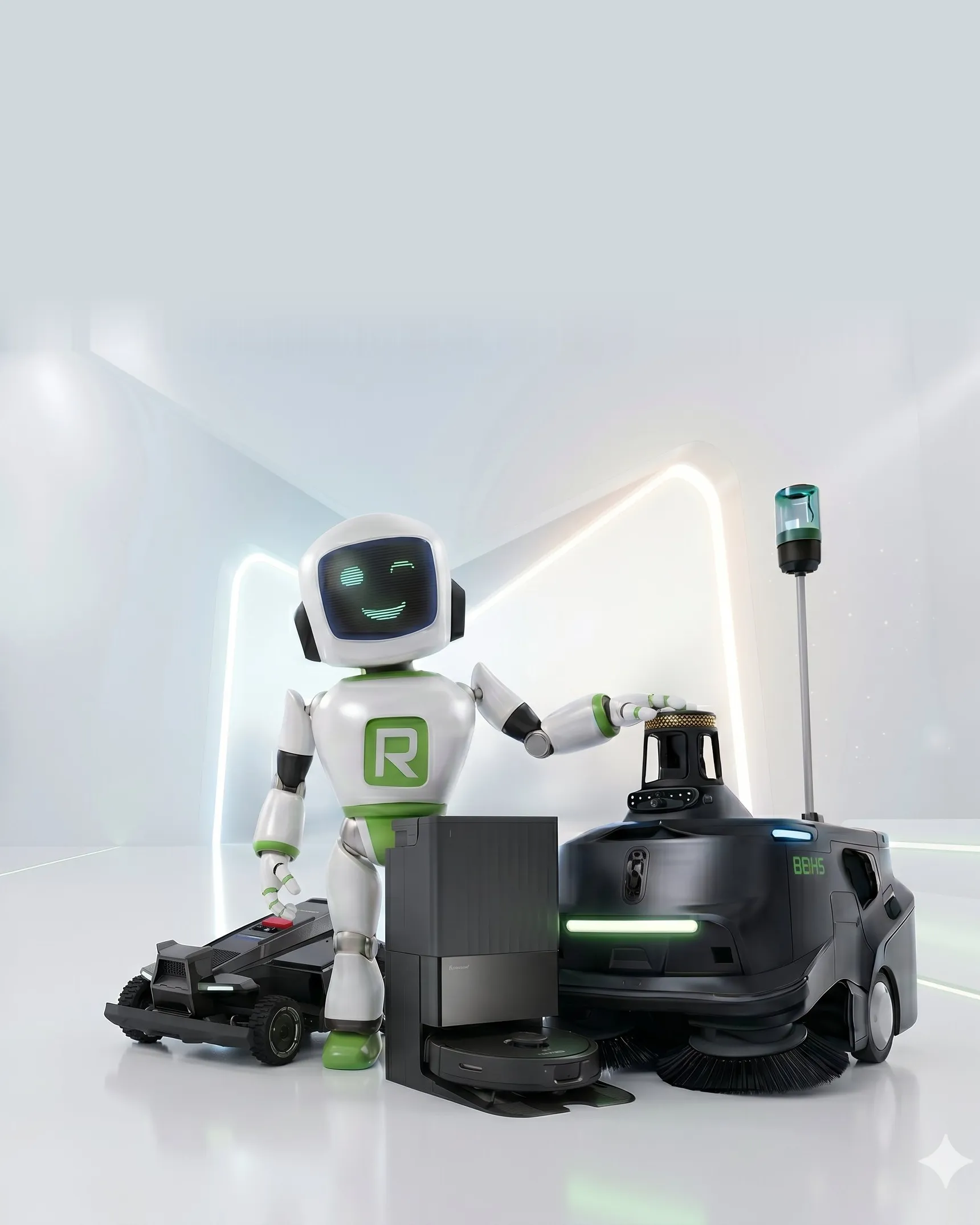ROBOT WORLD mascot with featured robotic products