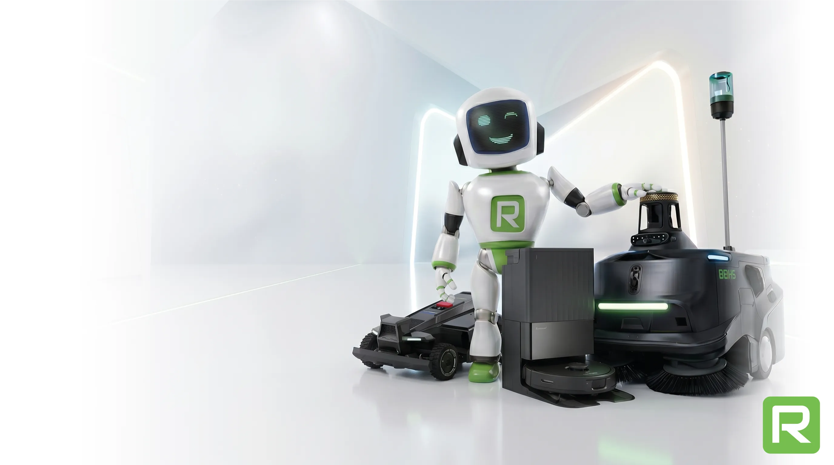 ROBOT WORLD mascot with featured robotic products
